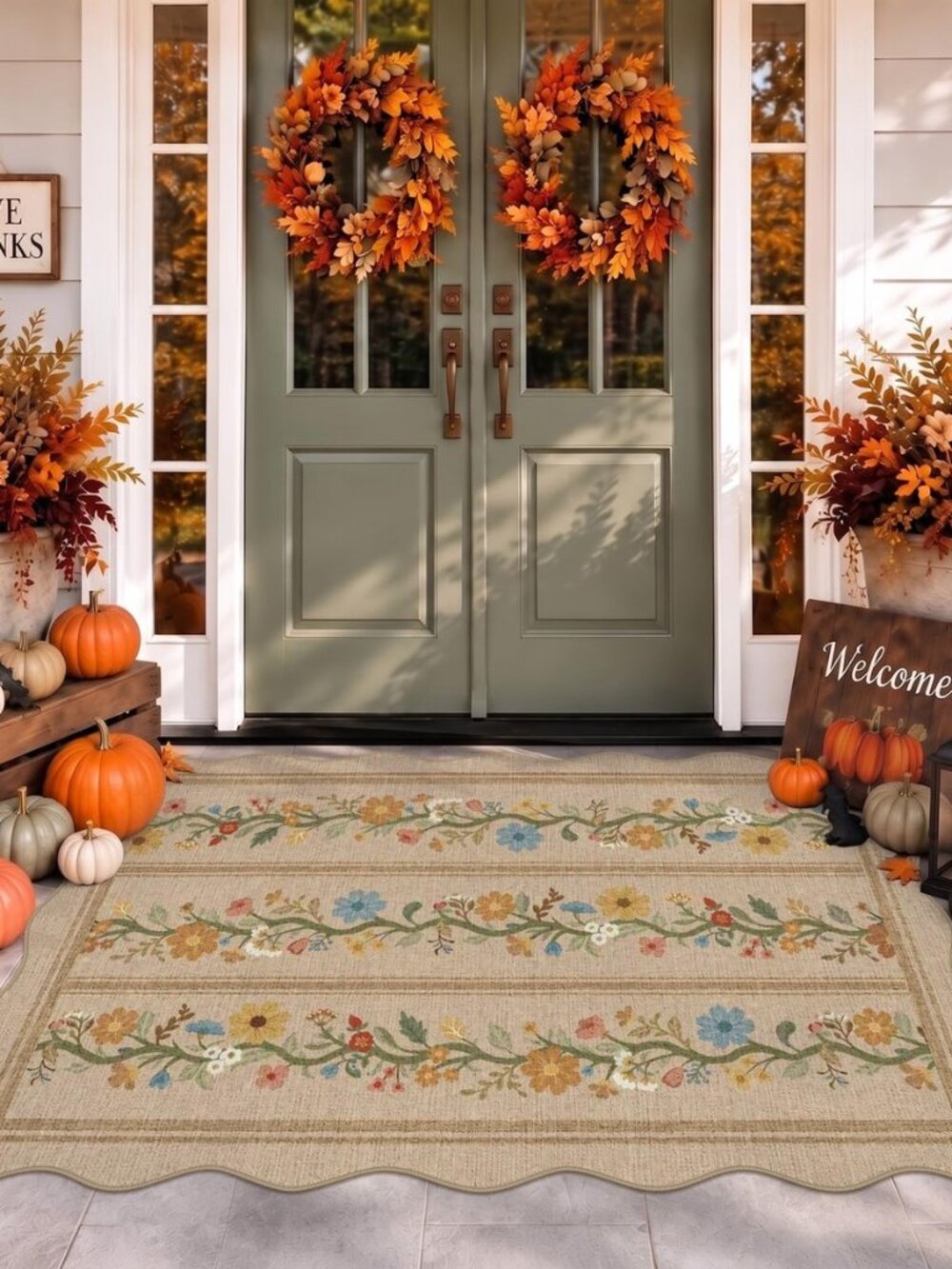 Scalloped Floral Front Door Mat, Non Slip Washable 3x5 Entryway Rug